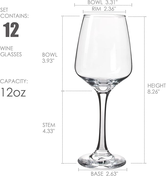 YANGNAY Wine Glasses Set of 12, 12 Oz Classic Red or White Wine Glass with Stem, Perfect for Home, Restaurant Use, Dishwasher Safe