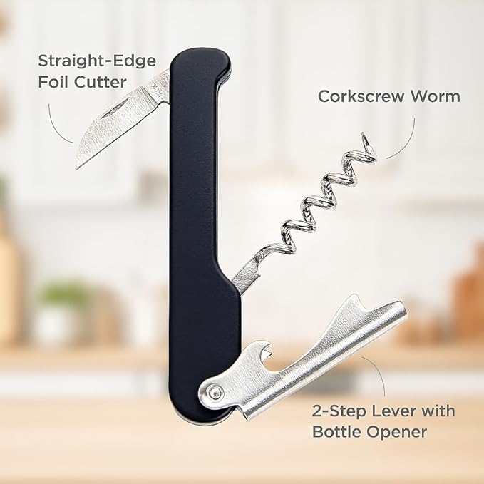 HIC Kitchen Bar Soft-Touch Waiter’s Corkscrew, Non-Slip Grip, Easy Removal For Natural And Synthetic Corks, Built-In Foil Cutter, Wine Accessory