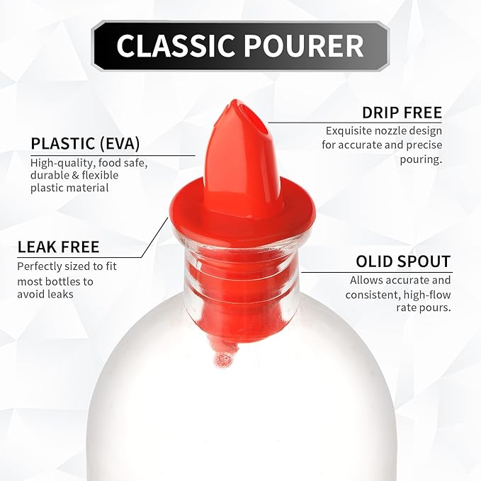 Plastic Liquor Bottle Pourers 24 Pack Classic Bottle Pourers for Alcohol, Leak-Proof, Dishwasher-Safe Pour Spouts for Liquor Bottles (Red)