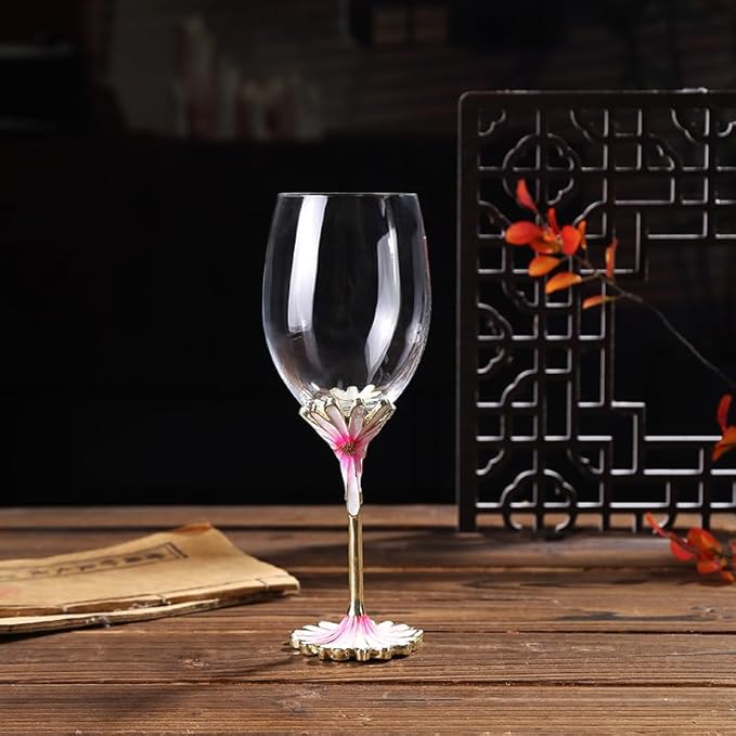 Simcat Handmade Painted Enamel Flower Glass Wine Glasses Transparent Refined Goblet, Stem For Cabernet, Gifts (pink single gift box,small flower)