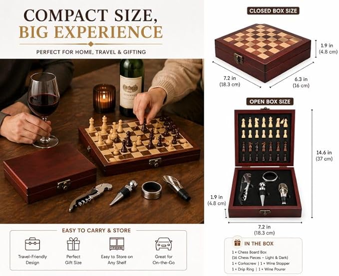 Wine Gift Set with Chess Board – Wine Accessories Kit for Men & Women, Corkscrew, Stopper & Pourer Included, Unique Gift for Wine Lovers, Birthday, Anniversary, Housewarming