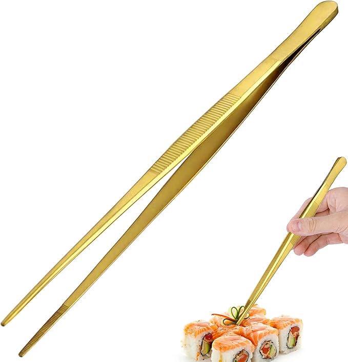 Tongs Tweezers - 12 Inch / 30cm Long Food Tongs Straight Serrated Forceps Cocktail Tweezers Bar Tool Gold