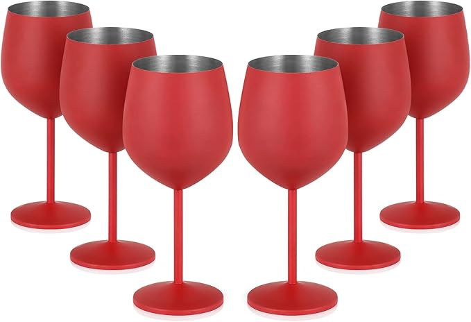 Lifecapido Stainless Steel Wine Glasses Set of 6, 18oz Stainless Steel Wine Goblets, Stemmed Metal Wine Glasses with Cup Brush for Party Office Wedding Anniversary, Great for Red White Wine (Red)