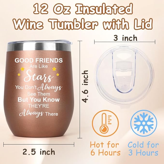 Friendship Gifts for Women Insulated Wine Tumbler with Lid 12oz Graduation Gifts Birthday Gift for Women Men Friendship Friendsgiving Gift for Friends Bestie Cowokers Easter Basket Stuffers Rose Gold