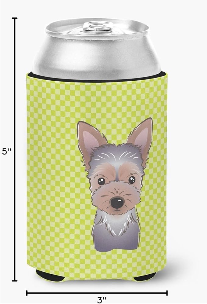 Caroline's Treasures BB1294CC Checkerboard Lime Green Yorkie Puppy Can or Bottle Hugger Cooler Washable Drink Sleeve Collapsible Beverage Insulated Holder, Can Hugger, Multicolor