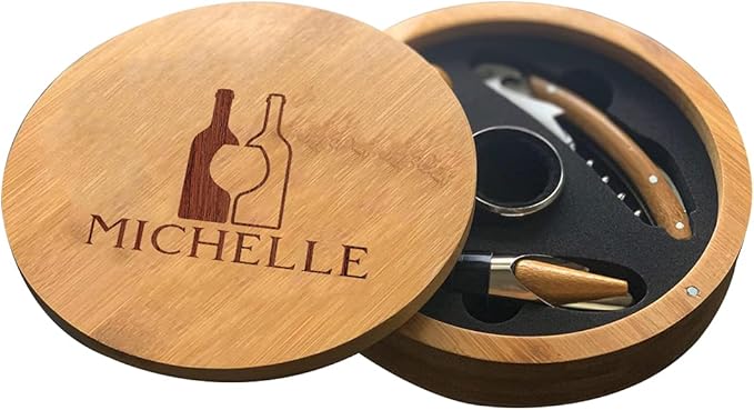 Personalized Bottle Silhouette Bamboo Round 4 Piece Wine Tool Set