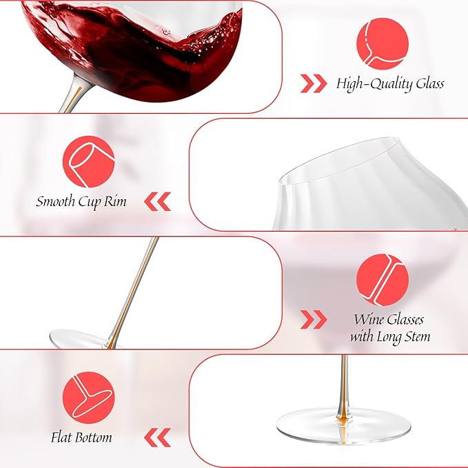 KAMMAK Wine Glasses Set of 2, 24.69 oz Hand Blown Crystal Bordeaux Wine Glasses, Thin Rim & Long Stem, Perfect for Red & White, Daily Use, Wedding or Birthday Gift with Gift Box, Onion Top Orange