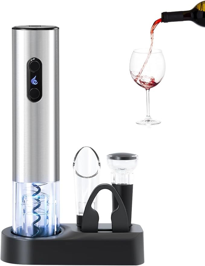 Battery Operated Wine Opener Set by ELMWAY, Stainless Steel Electric Corkscrew with Storage Base, Foil Cutter, Wine Aerator Pourer, Vacuum Stopper, LED Indicator (4 x AA Not Included)