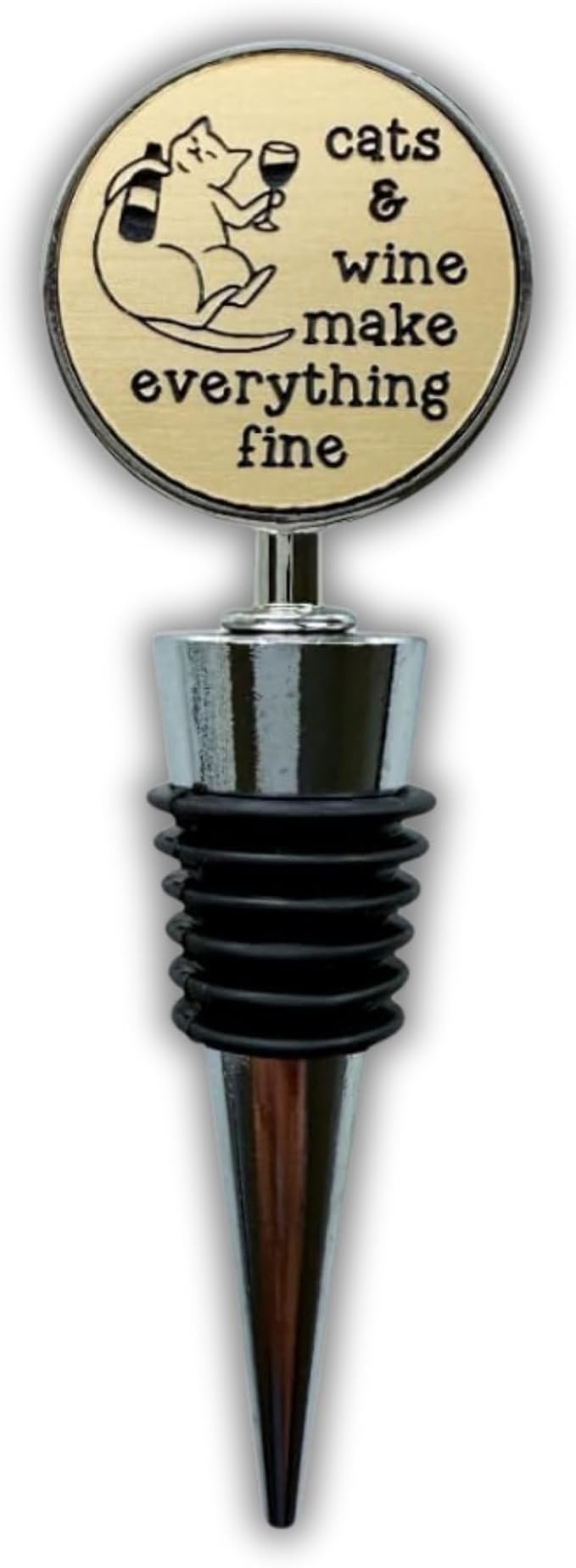 Jazzy Jade Designs Cat Wine Stopper – “Cats & Wine Make Everything Fine!” – Laser Engraved Zinc Alloy & 100% Food-Grade Rubber – Cute Cat Lover Wine Gift, Made in USA