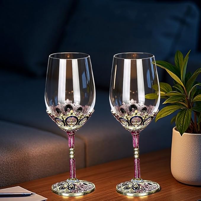 Simcat Handmade Painted Enamel Flower Glass Wine Glasses Transparent Refined Goblet, Stem For Cabernet, Gifts (double glass gift pack)