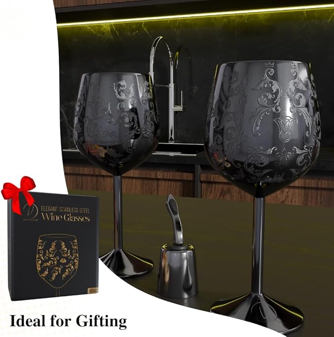 Mother’s Day Gift for Mom – Set of 2 glossy black Stainless Steel Wine Glasses, 17oz Engraved Goblets with Bottle Stopper, Unbreakable Elegant Wine Cups, Gift for Women, Wife, Mom, Sister