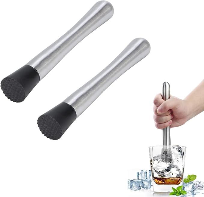 Cocktail Muddler, 2PCS Bar Muddler Stainless Steel Muddler Muddler for Cocktails 8" Drink Muddler Set Long Muddler Old Fashioned for Bars Bartender Accessories Home Bar Tools Set