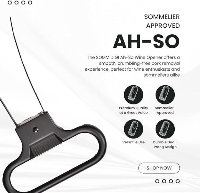 Sommelier Ah-So Wine Opener with Corkscrew & Gift Wine Disc – Two-Prong Cork Puller for Aged Wines, Crumb-Free Cork Removal.