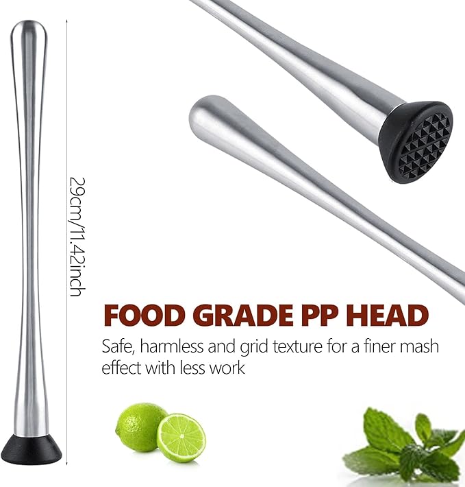 Long Handle Stainless Steel 29cm/11.42in Muddler Bar Tool Cocktail Muddler Fruit Mixer DIY Drink Wine Barware Tool, Silver