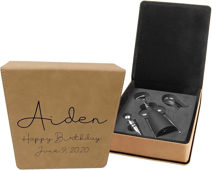 Personalized Leatherette 3 Piece Wine Tool Set (Light Brown w/Black)