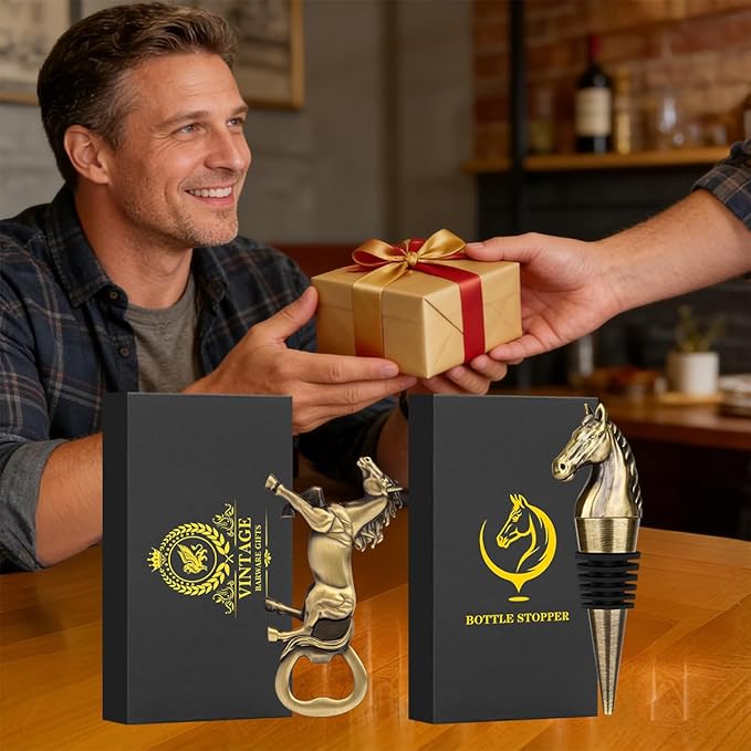 Horse Bar Gift Set, Horse Beer Opener & Horse Head Wine Stopper, Equestrian Gifts for Men, Dad, Coach, Horses Lovers, Bronze with Gift Boxes, Perfect Birthday, Father’s Day, Xmas Present