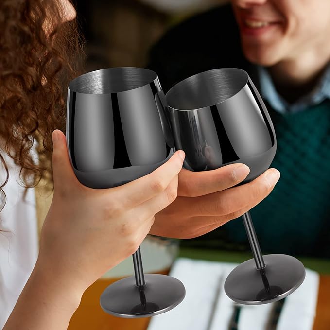 Lifecapido Stainless Steel Wine Glasses Set of 4, 18oz Stainless Steel Wine Goblets, Stemmed Metal Wine Glasses with Cup Brush for Party Office Anniversary, Great for Red White Wine (Grey Black)