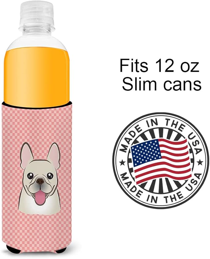 Checkerboard Pink French Bulldog Ultra Beverage Insulators for slim cans