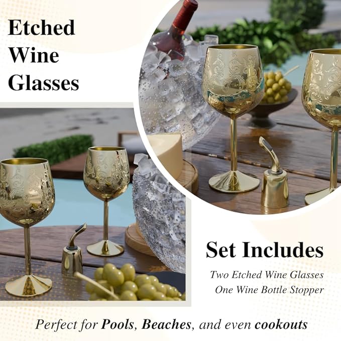 Mother’s Day Gift for Mom – Set of 2 Gold Stainless Steel Wine Glasses, 17oz Engraved Goblets with Bottle Stopper, Unbreakable Elegant Wine Cups, Gift for Women, Wife, Mom, Sister