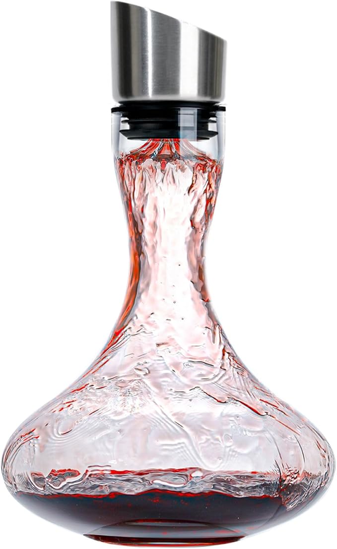 Wlasss Hand Blown Wine Decanter with Aerator, 1300ml/44oz Red Wine Decanter, Crystal Wine Carafe with Stainless Steel Pour Lid and Filter, Elegant Design Easy Pour, Wine Aerator Wine Gifts
