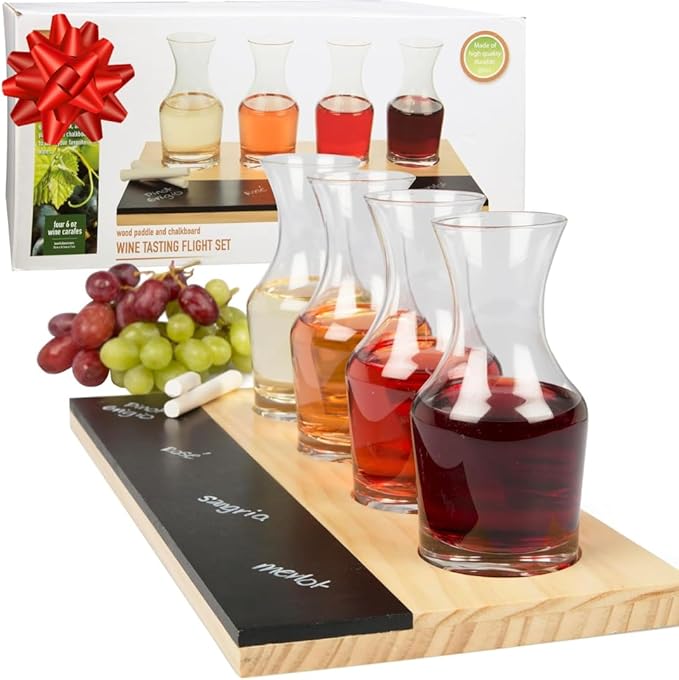 Deco Wine Tasting Flight Sampler Board - Set Includes Four 6 oz Decanter Glasses & Wood Paddle Chalkboard - Great for Charcuterie Boards, Wine Taste Testing, Date Nights - Mothers Day Gifts for Mom