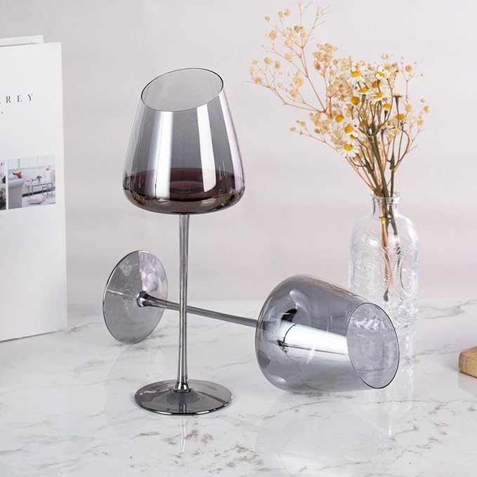 KAMMAK Wine Glasses Set of 2, 16.06 oz Hand Blown Crystal Bordeaux Wine Glasses, Thin Rim & Long Stem, Perfect for Red & White, Daily Use, Wedding or Birthday Gift with Gift Box, XH-H280 Gray