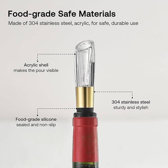 Elegant Wine Aerator Pourer Spout by ELMWAY - Clear Wine Air Aerator Enhances Flavor, Aroma & Finish, No Spill Design, Wine Accessory Gift for Wine Lovers - Gold