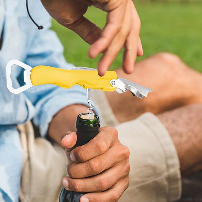 Stainless Steel Wine Key with Foil Cutter:Waiters Corkscrew Opener Beer Bottle Opener (Yellow)