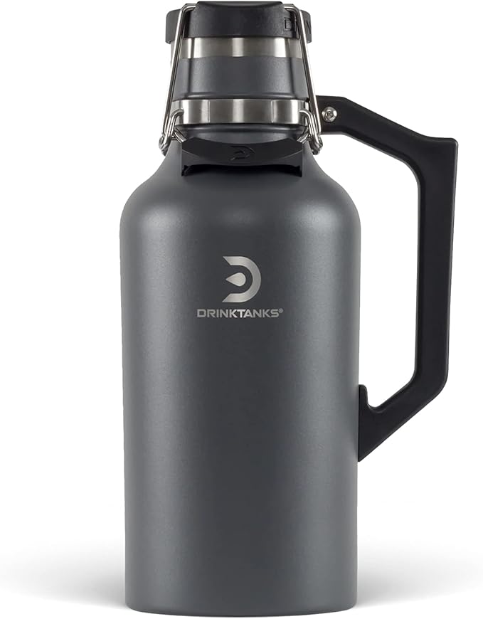 DrinkTanks Craft Growler – 64 oz Vacuum Insulated Stainless Steel Beer Growler with Handle, Leakproof Thermal Beverage Tumbler for Beer, Wine, Coffee, Soda, Kombucha – Reusable & BPA-Free – Slate