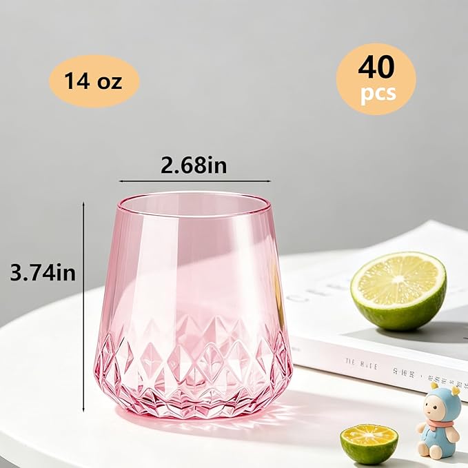 Lueumxc 40 Pack Pink Plastic Wine Glasses, 14Oz Rhombus Disposable Wine Glasses Unbreakable Clear Plastic Cocktail Glasses Recyclable Shatterproof Reusable Wine Cups