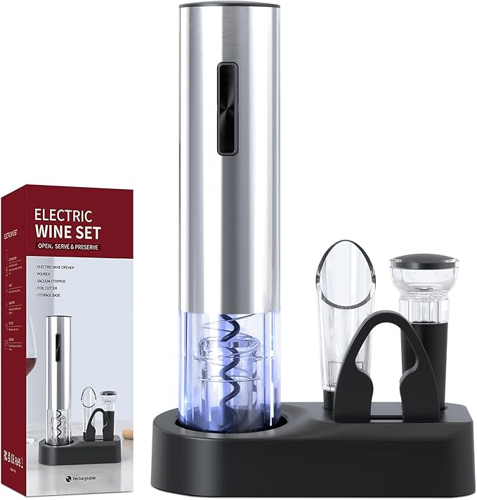 Electric Wine Opener Set, Rechargeable Cordless Automatic Wine Bottle Corkscrew Opener with Aerator, Pourer, Vacuum Sealer and Storage Base, Battery Operated Wine Stopper Remover