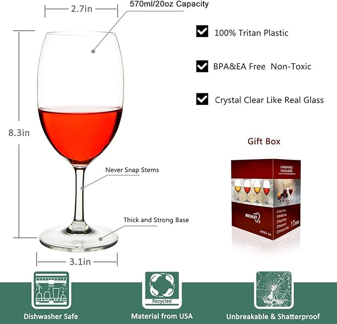 MICHLEY Unbreakable Wine Glasses, 100% Tritan Plastic Shatterproof Large Wine Glasses 20 oz, Set of 4