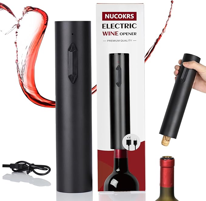 Electric Wine Opener – NUCOKRS Rechargeable Corkscrew with USB-C, One-Touch Automatic Cork Remover, Sleek Black Design Easy to Use for Home Kitchen Party Wedding Gifts