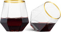 Munfix Gold Rim Plastic Stemless Wine Glasses 32 Pack - Diamond Shaped Unbreakable Disposable 12 Oz Clear Plastic Wine Champagne Whiskey Cups, Shatterproof Recyclable and BPA-Free