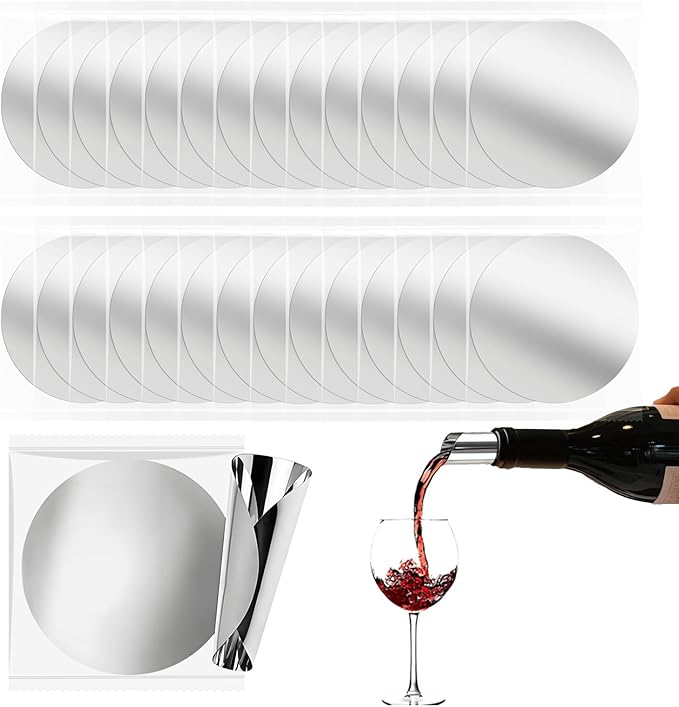 30Pcs Individually Wrapped Wine Pourer Discs, 3 Inch Disposable Anti-Drip Silver Pour Spouts for Liquor Bottles, Single-Use Design Prevents Flavor Mixing