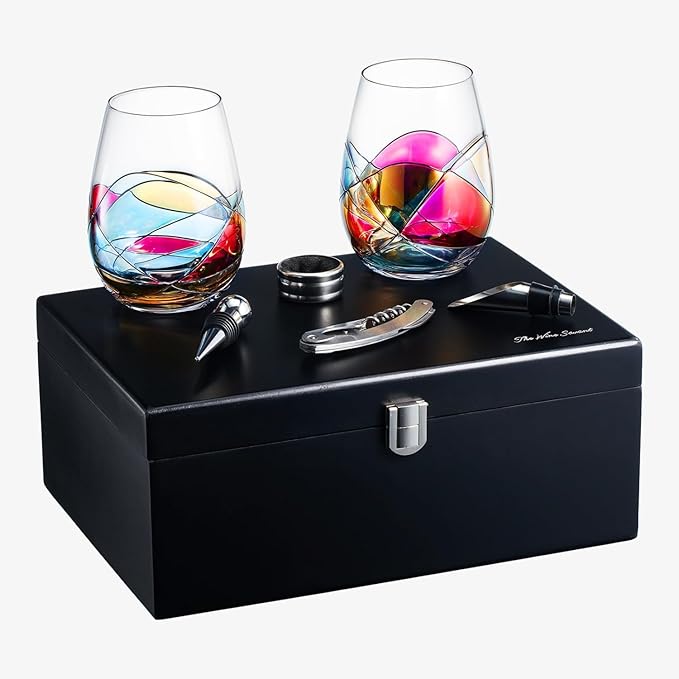 Artisanal Hand-Painted Stemless Wine Glasses & Accessories Set with Gift Box – Mother’s Day, Wife, Friends, or Girlfriend – Romantic Stained Glass Windows – Birthday or Housewarming Gift Idea