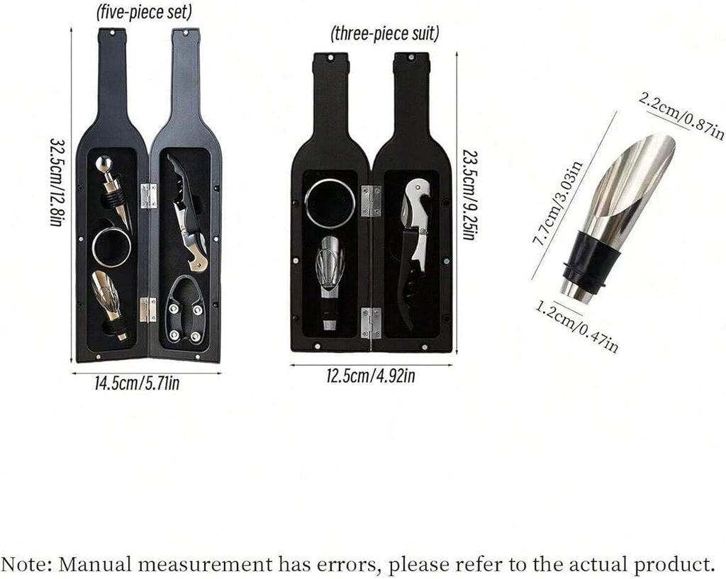 Wine Bottle Shaped Opener Gift Set, 5 Piece Wine Accessories Kit with Corkscrew, Bottle Stopper, Pourer, Foil Cutter, Drip Ring, Black Case, Perfect for Birthday, Wedding, Anniversary, Christmas