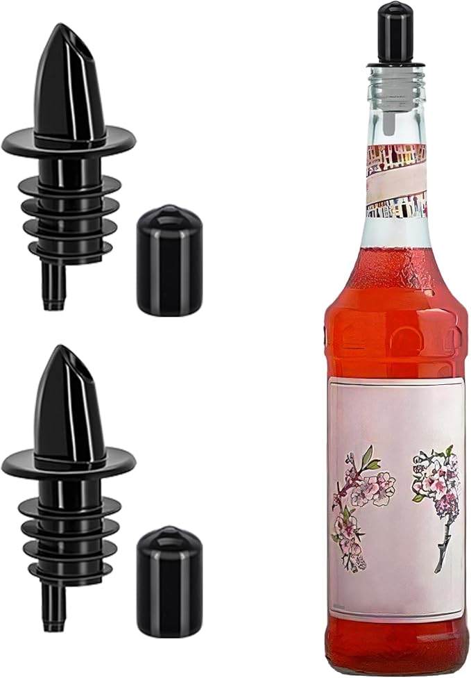 2 PCS Bottle Pourers And 2 PCS rubber pourers dust cap covers Syrup Pourer Pour Spouts Plastic Liquor Bottle Pourers with Rubber Pourers Dust Cap Covers Bottle Pourers (Black)