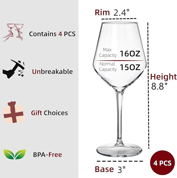 Dicunoy Set of 4 Unbreakable Stemmed Wine Glasses, 16 oz Outdoor Plastic Wine Glasses, Plastic Goblets Glassware, Reusable, BPA-Free, Classic Cups for Patio, Poolside, Camping