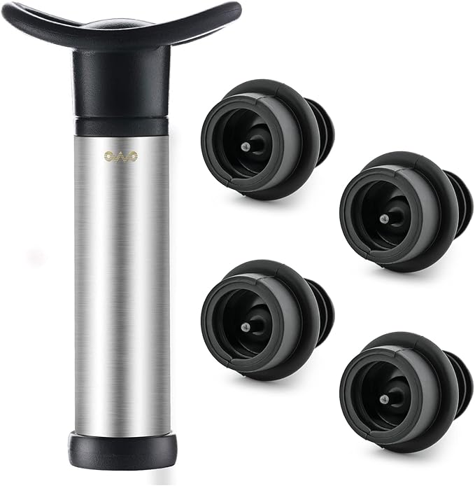 OWO Wine Vacuum Pump and 4 Stopper, Wine Save & Preserver, Reusable Air Remover Pump, Keeps Fresh (Stainless Steel)