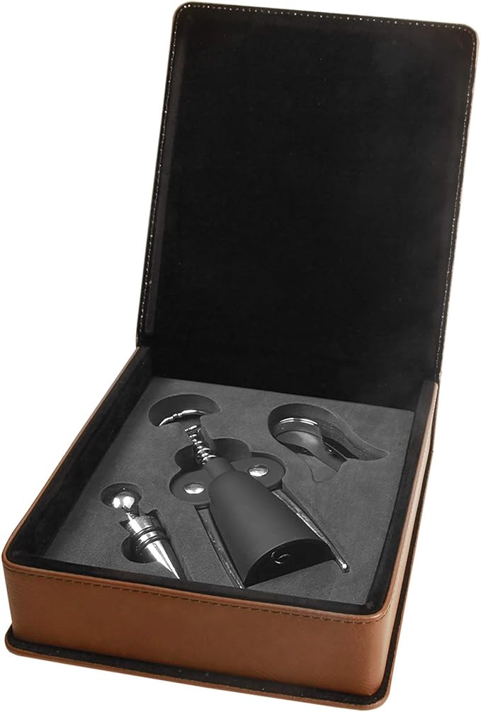 Personalized Leatherette 3 Piece Wine Tool Set (Dark Brown w/Black)