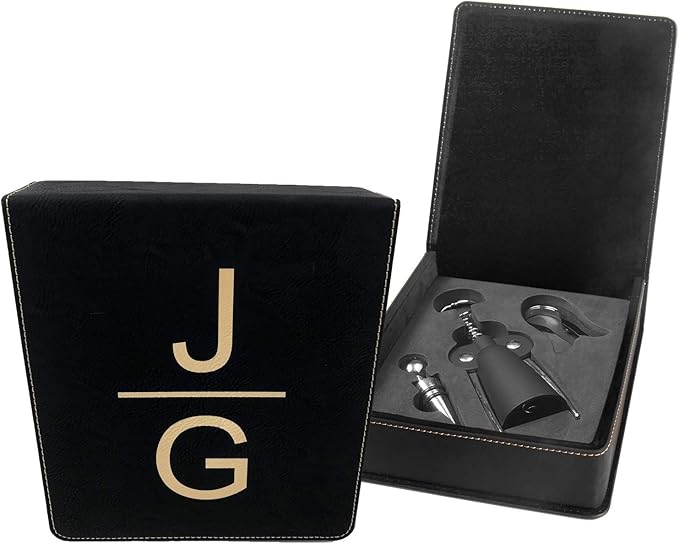 Personalized Leatherette 3 Piece Wine Tool Set (Black w/Gold)