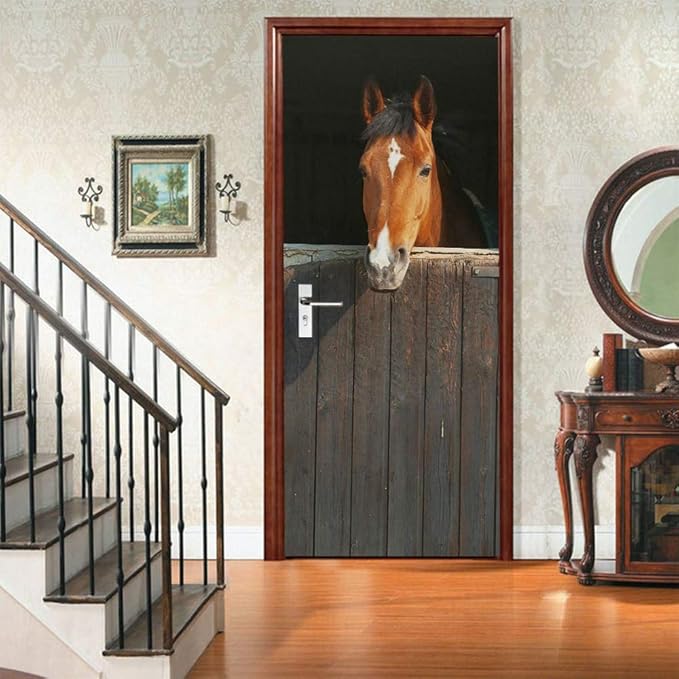 Horse 3D Door Stickers Murals - Peel & Stick Waterproof Washable Matt Finish Rustic Style Animal Print Rectangular 33.9" x 78.7" 2 Pieces