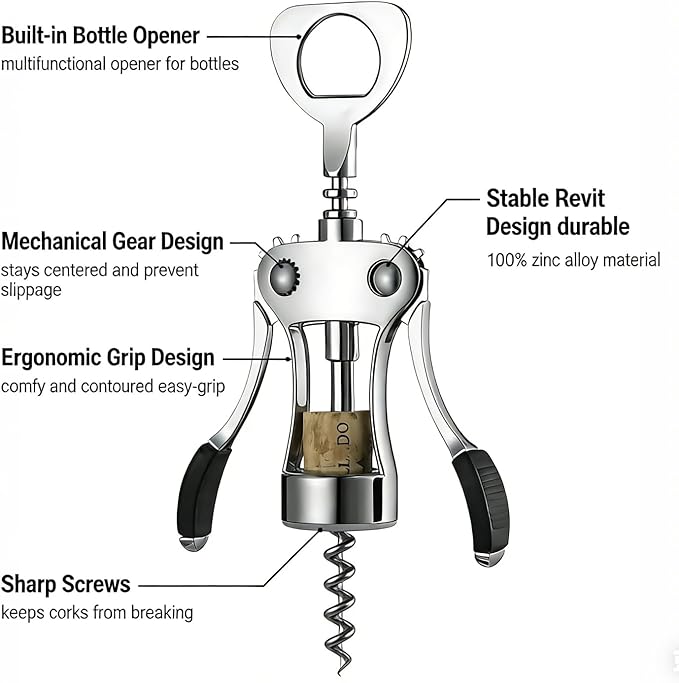 Wine Opener Zinc Alloy Wing Corkscrew, Multifunctional Wine Bottle Opener with Built-In Beer Bottle Opener, Sharp Worm Tip with Ergonomic Non-Slip Wing Handle for Home Bar Restaurant, Silver