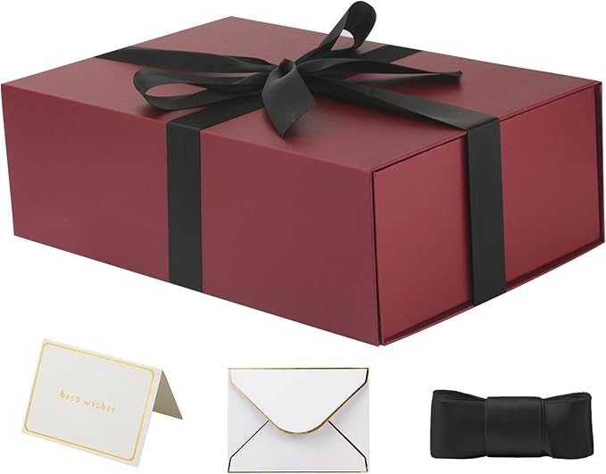 YINUOYOUJIA Large Burgundy Gift Boxes with Lid,14"x9"x4.5" Magnetic Gift Box with Ribbon,Cards and Envelopes for Presents,Great for Wedding,Birthdays,Crafting,Gift Packaging.