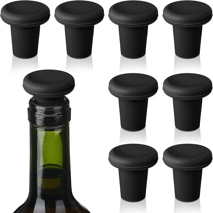 Yookeer 8 Pcs Wine Stoppers Silicone Beer Bottle Sealer Stoppers Glass Bottles Corks Beverage Beer Champagne Wine Storage Keep Fresh Tools for Wedding Party Christmas Supplies(Black)