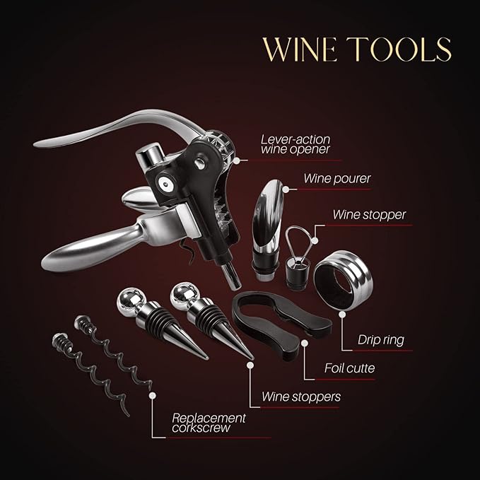 Flexzion Wine Opener Set in Mahogany Wood Case - Wine Bottle Opener Gift Box with Wine Foil Cutter Tool, Stopper, Pourer, Drip Ring, & Lever-Action Corkscrew Wine Opener Manual for Wine Lovers
