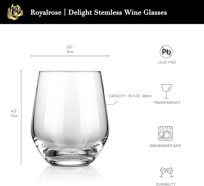Royalrose Premium Delight Vintage Red Wine Glasses Set of 4, 15.7 oz Goblets Glasses for Wine, Cocktails, Sparkling Water, Elegant Drinkware for Entertaining or Daily Use (Stemless Wine Glasses)