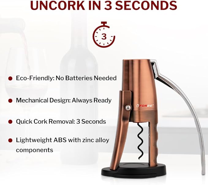 Forge Quality Compact Vertical Lever Corkscrew Wine Opener with Foil Cutter. 3 Seconds to Open a Bottle of Wine. Metallic Bronze