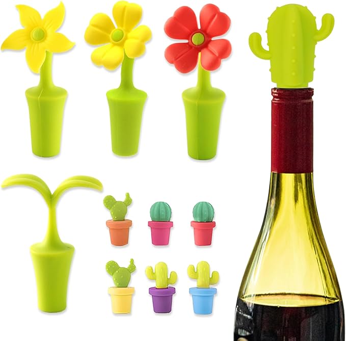 Knana 10Pcs Cactus Flowers Silicone Wine Stoppers Cute Wine Accessories Fun Wine Stopper for Mexican Party Favors Baby Shower Wedding